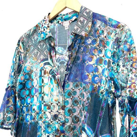 Johnny Was Workshop Klodi Ruffle Sleeve Blue Pattern Top Lightweight Blouse XS - Picture 6 of 10